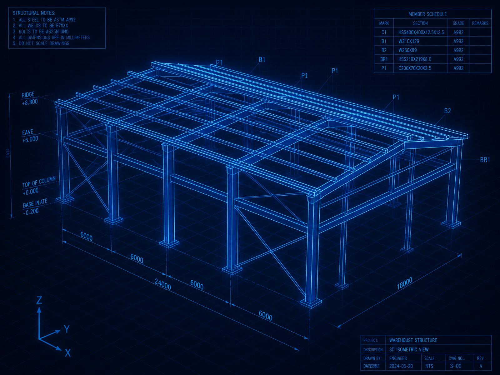 Modelo 3D de estrutura metálica no CalcSteel